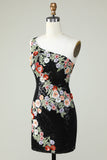One Shoulder Sequin Beading Little Black Dress