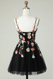 Spaghetti Straps A Line Sequin Flowers Little Black Dress