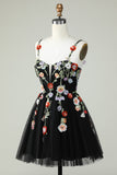 Spaghetti Straps A Line Sequin Flowers Little Black Dress