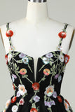 Spaghetti Straps A Line Sequin Flowers Little Black Dress