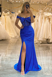 Royal Blue Off the Shoulder Mermaid Prom Dress with Slit