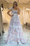 White Floral Print A Line Princess Prom Dress with Pleated