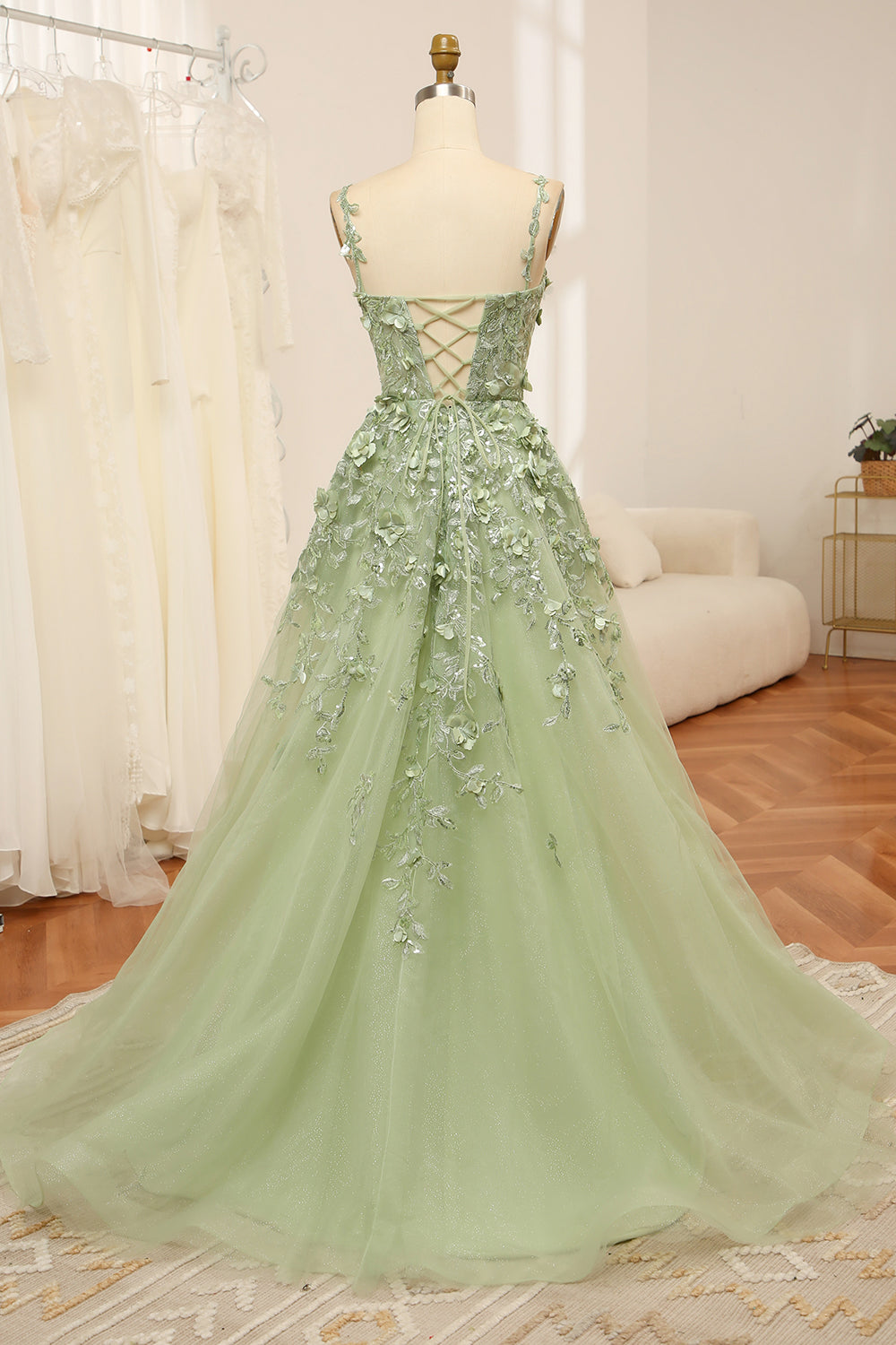Wedtrend Women Spaghetti Straps Green Tulle Prom Dress with 3D Flowers A Line Ball Gown Wedtrend UK Wedtrend Women Spaghetti Straps Green Tulle Prom Dress with 3D Flowers A Line Ball Gown Wedtrend UK