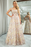 Champagne A Line Princess Corset Prom Dress with Embroidered