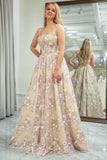 Champagne A Line Princess Corset Prom Dress with Embroidered