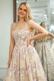 Champagne A Line Princess Corset Prom Dress with Embroidered