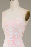 Sparkly Pink Spaghetti Straps Mermaid Long Prom Dress with Slit