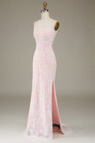 Sparkly Pink Spaghetti Straps Mermaid Long Prom Dress with Slit