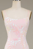 Sparkly Pink Spaghetti Straps Mermaid Long Prom Dress with Slit