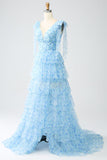 A-Line V-Neck Light Blue Tiered Long Prom Dress with Slit
