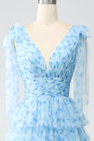 A-Line V-Neck Light Blue Tiered Long Prom Dress with Slit