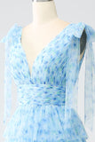 A-Line V-Neck Light Blue Tiered Long Prom Dress with Slit