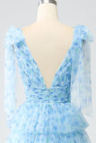 A-Line V-Neck Light Blue Tiered Long Prom Dress with Slit