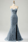 Stylish Mermaid Sweetheart Light Blue Corset Prom Dress with Appliques