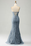 Stylish Mermaid Sweetheart Light Blue Corset Prom Dress with Appliques