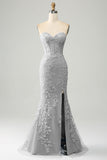 Stylish Mermaid Sweetheart Light Blue Corset Prom Dress with Appliques