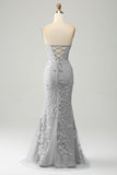 Stylish Mermaid Sweetheart Light Blue Corset Prom Dress with Appliques