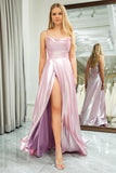 Pink Sparkly Spaghetti Straps Simple Prom Dress with Slit