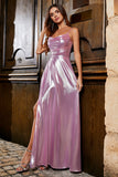 Sparkly A Line Spaghetti Straps Pink Long Prom Dress with Split Front