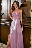 Sparkly A Line Spaghetti Straps Pink Long Prom Dress with Split Front