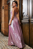 Sparkly A Line Spaghetti Straps Pink Long Prom Dress with Split Front