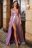 Sparkly A Line Spaghetti Straps Pink Long Prom Dress with Split Front