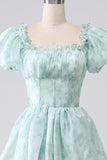 Light Blue A Line Square Neck Corset Tiered Long Prom Dress