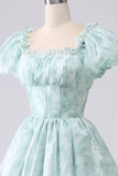 Light Blue A Line Square Neck Corset Tiered Long Prom Dress
