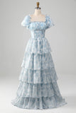 Light Blue A Line Square Neck Corset Tiered Long Prom Dress
