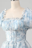 Light Blue A Line Square Neck Corset Tiered Long Prom Dress