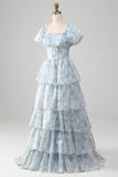 Light Blue A Line Square Neck Corset Tiered Long Prom Dress