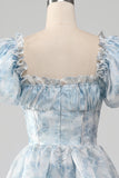 Light Blue A Line Square Neck Corset Tiered Long Prom Dress