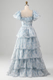 Light Blue A Line Square Neck Corset Tiered Long Prom Dress