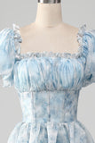 Light Blue A Line Square Neck Corset Tiered Long Prom Dress