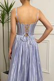 Lavender A Line Spaghetti Straps Ruffles Prom Dress with Slit