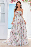 Tulle Strapless Sweep Train Ivory Long Wedding Dress with Embroidery