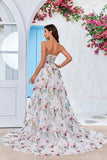 Tulle Strapless Sweep Train Ivory Long Wedding Dress with Embroidery