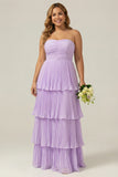 Lilac Strapless Plus Size A Line Chiffon Pleated Long Bridesmaid Dress