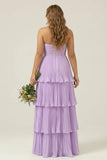 Lilac Strapless Plus Size A Line Chiffon Pleated Long Bridesmaid Dress