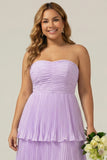 Lilac Strapless Plus Size A Line Chiffon Pleated Long Bridesmaid Dress