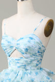 A Line Spaghetti Straps Cut Out Tiered Blue Printed Prom Dress