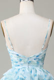 A Line Spaghetti Straps Cut Out Tiered Blue Printed Prom Dress