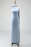 Dusty Blue Sheath One-Shoulder Satin Bridesmaid Dress
