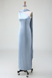 Dusty Blue Sheath One-Shoulder Satin Bridesmaid Dress