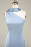 Dusty Blue Sheath One-Shoulder Satin Bridesmaid Dress