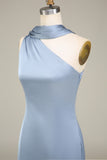 Dusty Blue Sheath One-Shoulder Satin Bridesmaid Dress