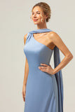 Dusty Blue Sheath One-Shoulder Satin Maxi Dress with Streamer