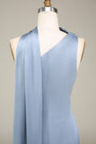 Dusty Blue Sheath One-Shoulder Satin Bridesmaid Dress