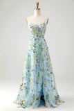 Blue Flower A Line Corset Embroidered Prom Dress with Slit