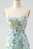 Blue Flower A Line Corset Embroidered Prom Dress with Slit